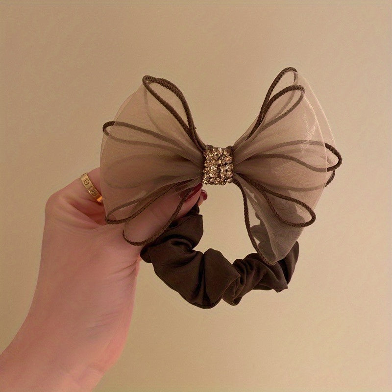 Sweet Organza Bow Knot Hair Tie Rhinestone High Elastic Accessory