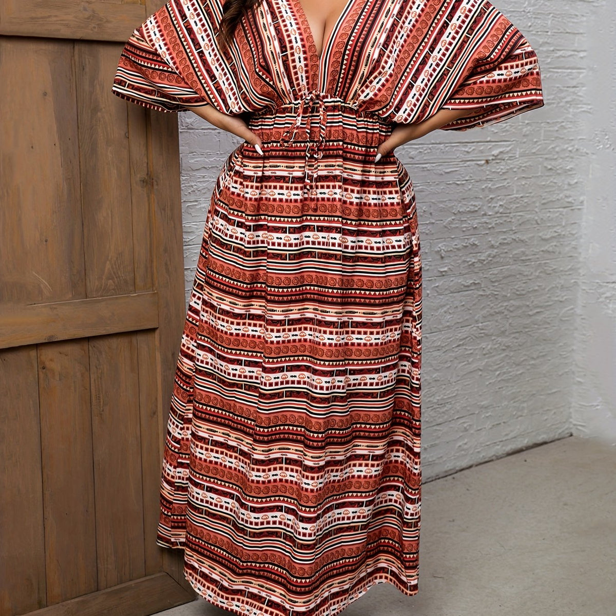  Striped Print Cut Out Tie Front Batwing Sleeve Backless Dress
