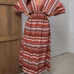  Striped Print Cut Out Tie Front Batwing Sleeve Backless Dress
