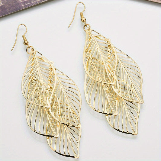 Hollow Leaf Pendant Golden Dangle Earrings Retro Boho Style