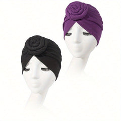 2pcs Twist Knot Turban Cap Elastic Head Wraps Solid Pleated Hijab Hat