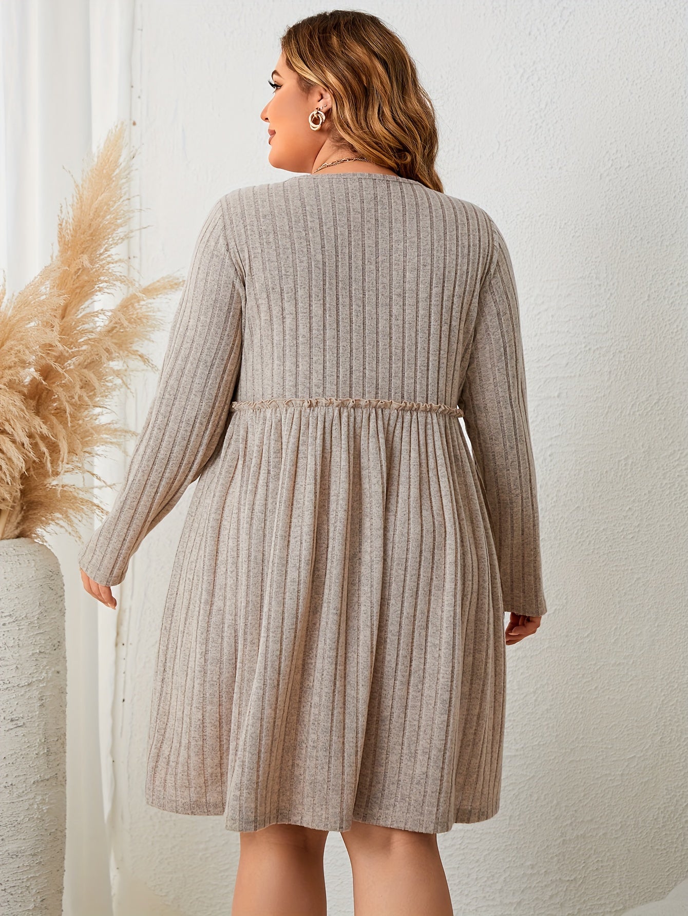  Solid Ribbed Ruffle Trim Long Sleeve Casual Dress
