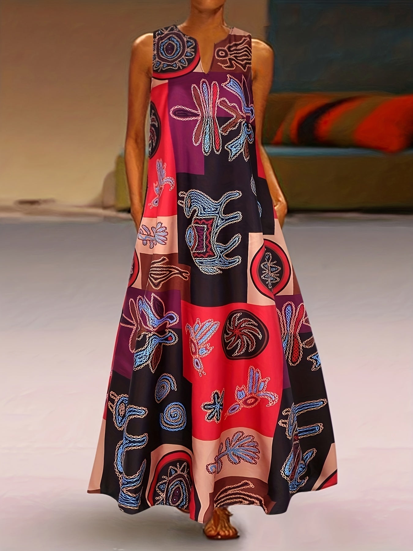  Colorblock Graphic Print Maxi Tank Dress With Pockets