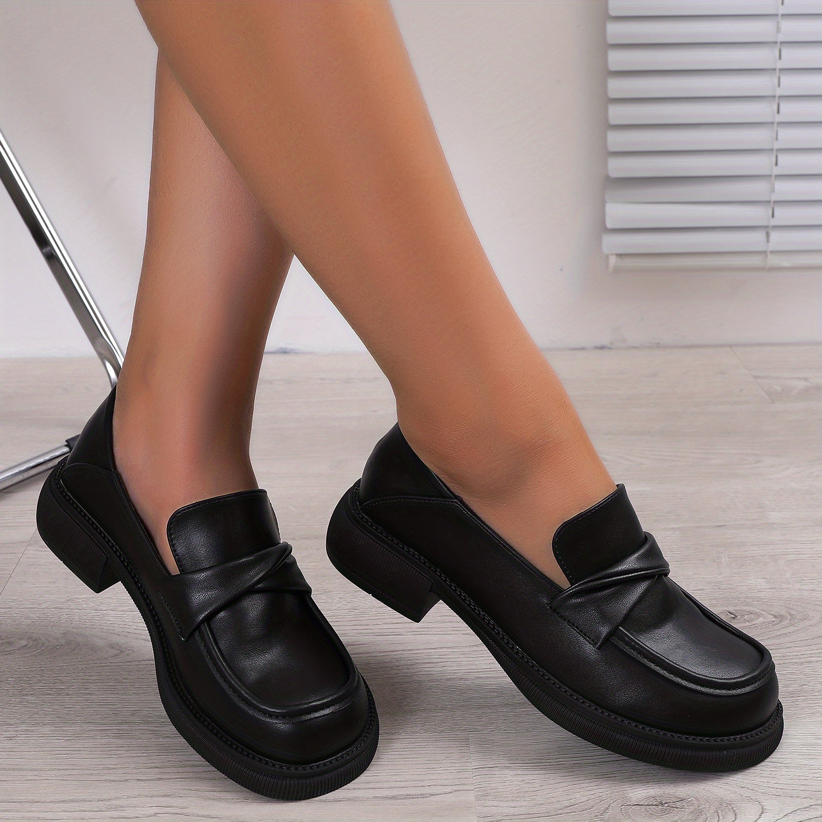 Women's Chunky Heel Loafers British Comfort Faux Leather Shoes