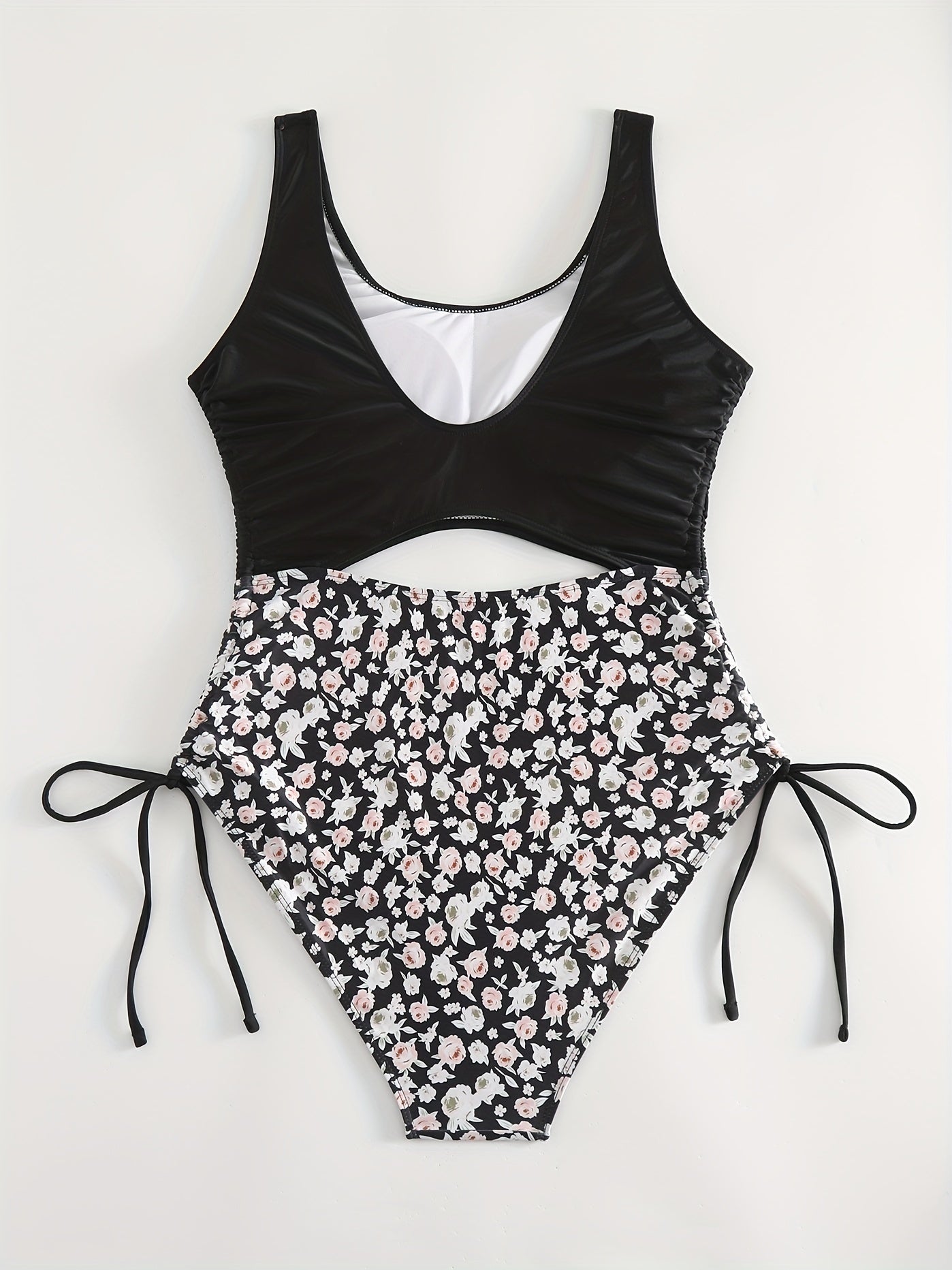  Colorblock Floral Print Lace Up Side One Piece Swimsuit