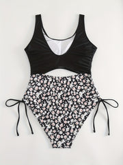  Colorblock Floral Print Lace Up Side One Piece Swimsuit