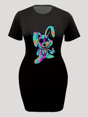  Casual Dress Women's Plus Cartoon Rabbit Print Short Sleeve