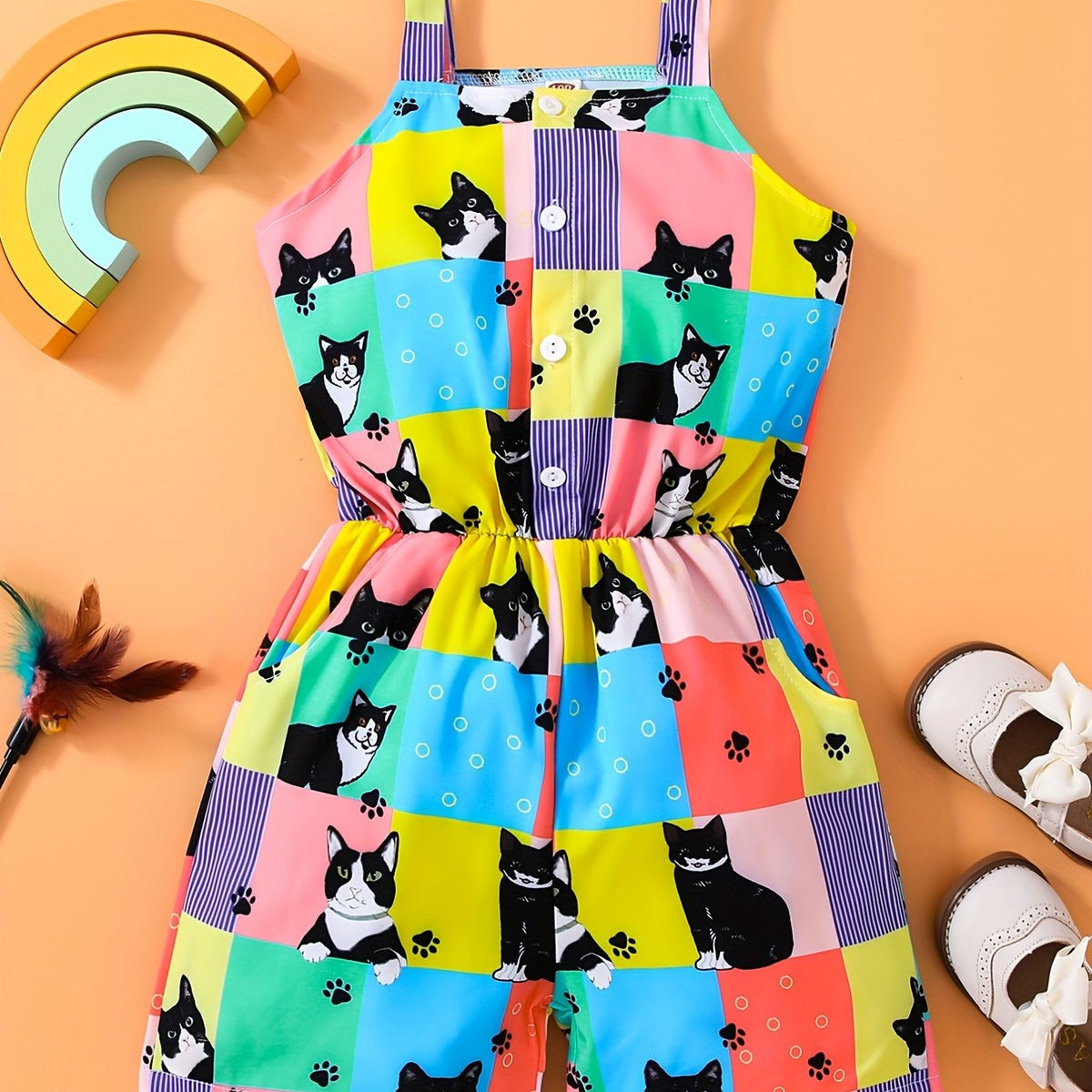 Toddler Girls Cat Plaid Graphic Cami Rompers Jumpsuits