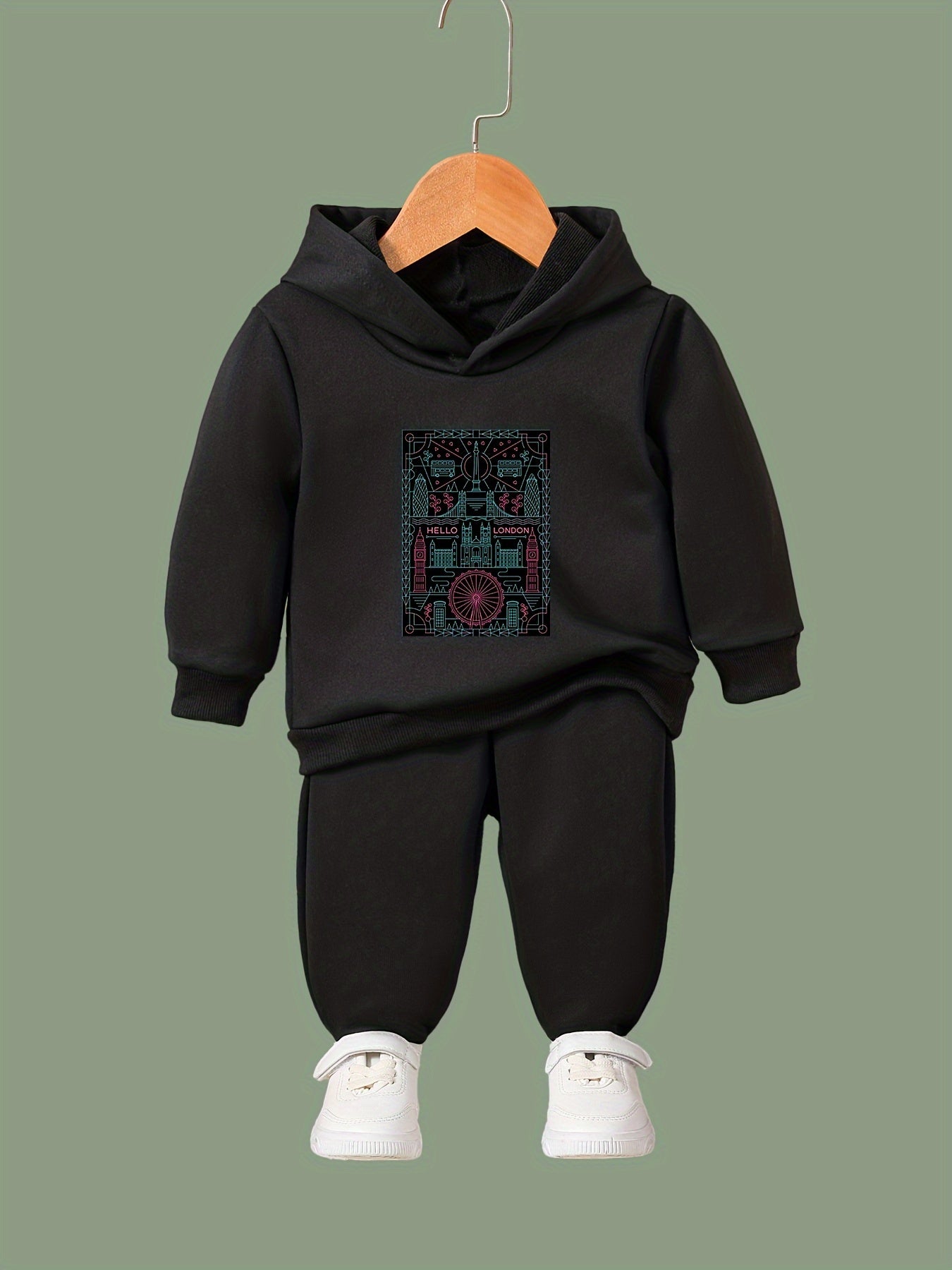 Girls Building Print Hoodie Jogger Pants Set Sports