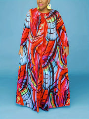  Allover Print Long Sleeve Maxi Dress With Pockets