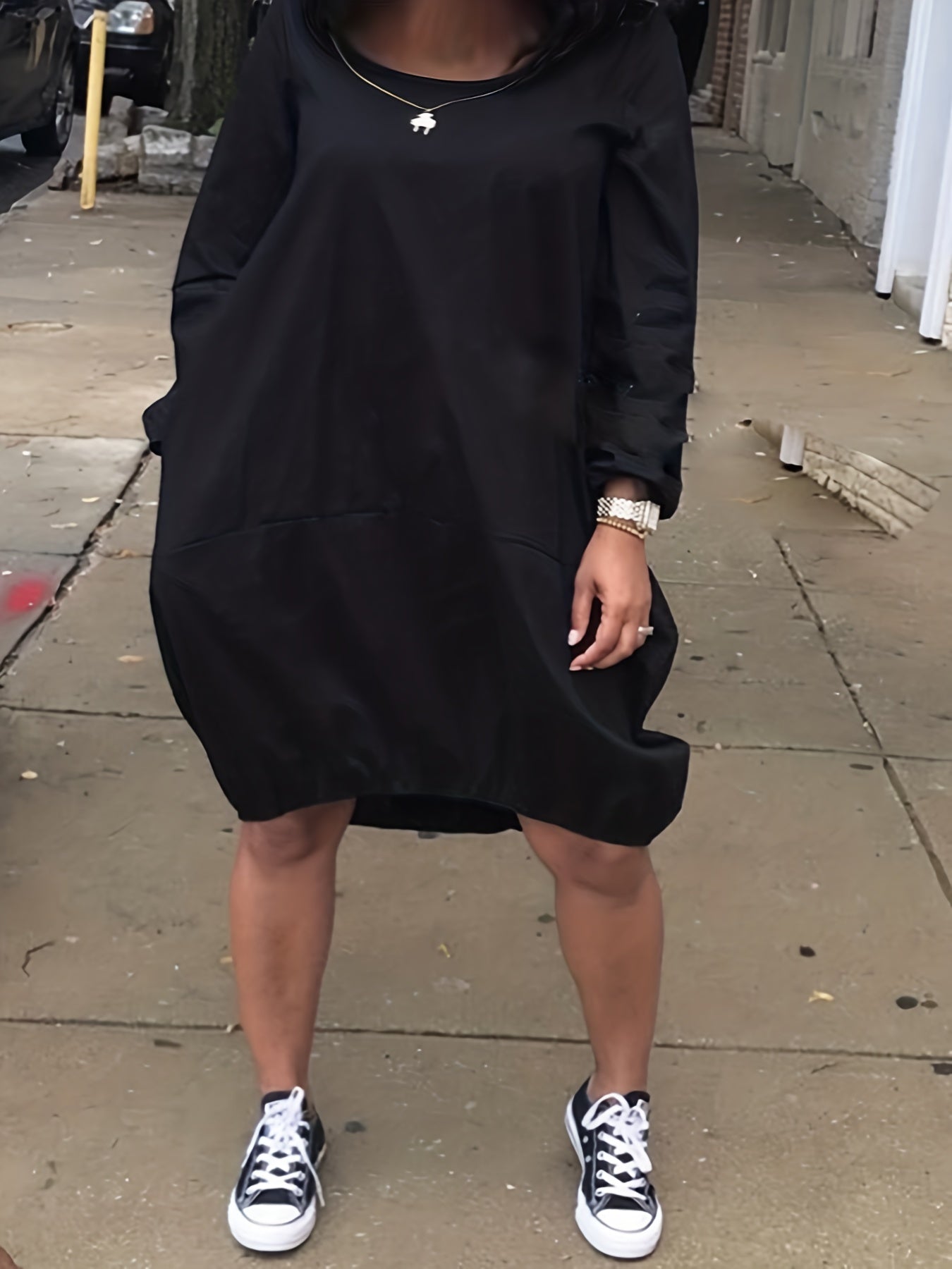  Casual Long Sleeve Round Neck Dress with Pockets