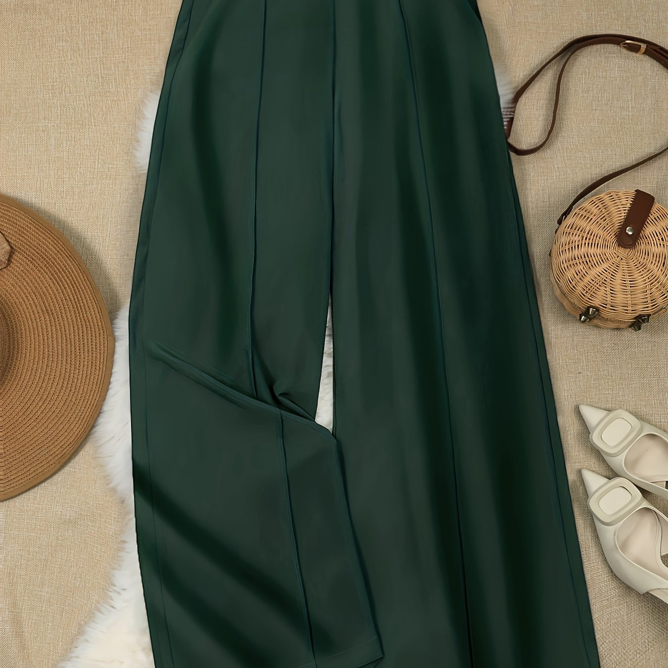  Women's Wide Leg Trousers Button Detail High Rise Solid Stitching