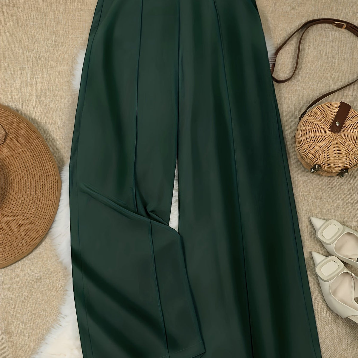  Women's Wide Leg Trousers Button Detail High Rise Solid Stitching