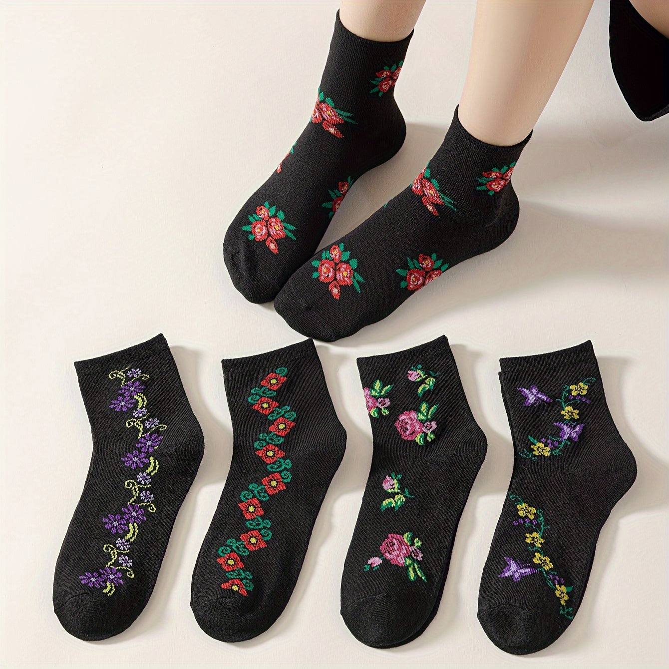 5 Pairs Floral Print Socks Women's Mid Tube Stockings Comfy & Breathable