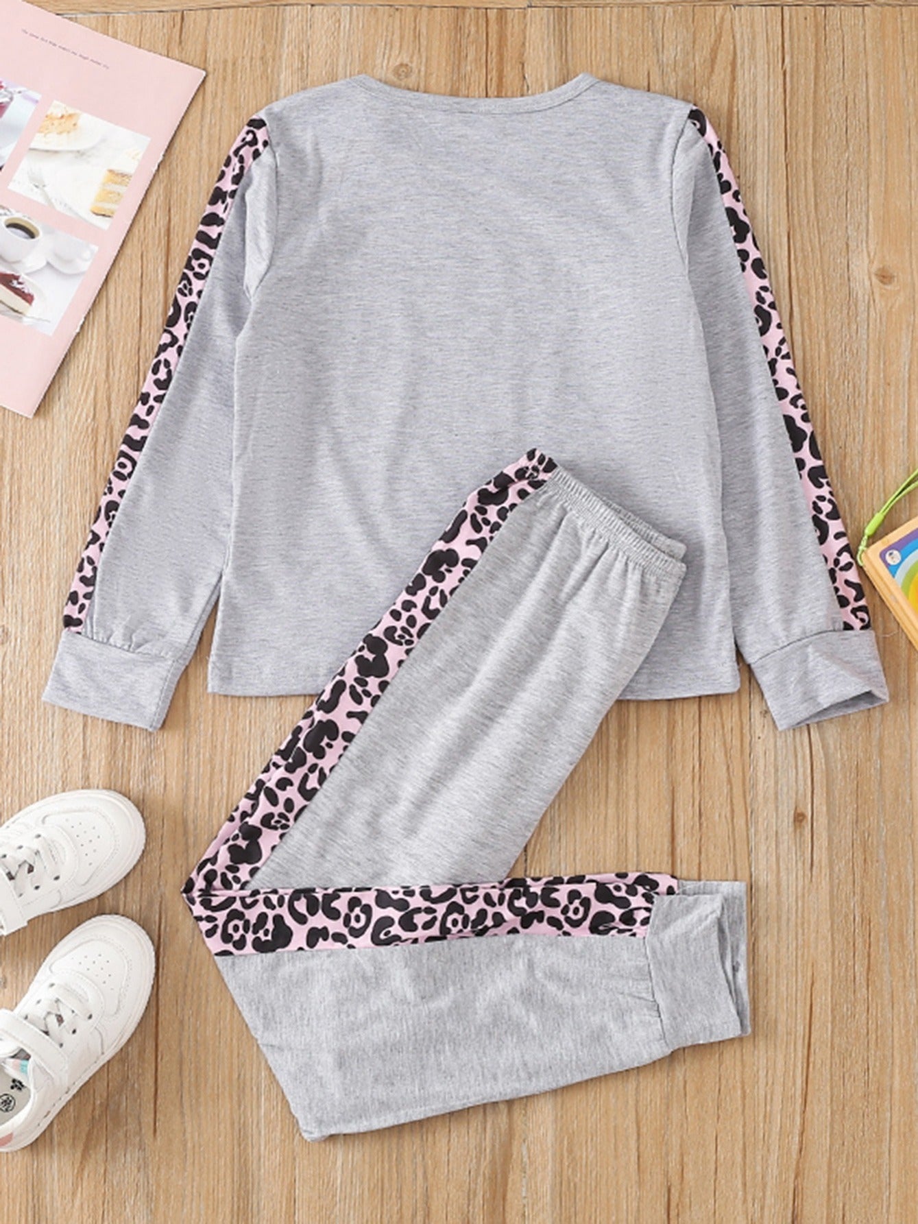 Girls Patchwork Leopard Crew Neck Long Sleeve Loungewear