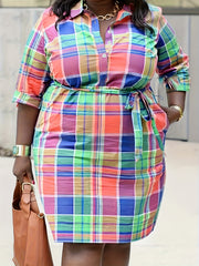  Plaid Print Long Sleeve Shirt Dress With Belt