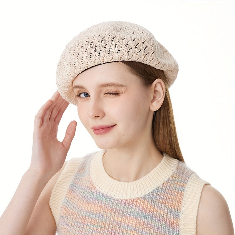 Vintage Lightweight Hollow Out Knitted Beret Solid Breathable Painter Hat