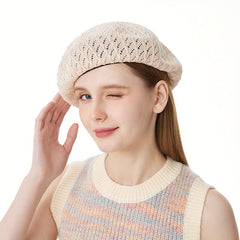 Vintage Lightweight Hollow Out Knitted Beret Solid Breathable Painter Hat