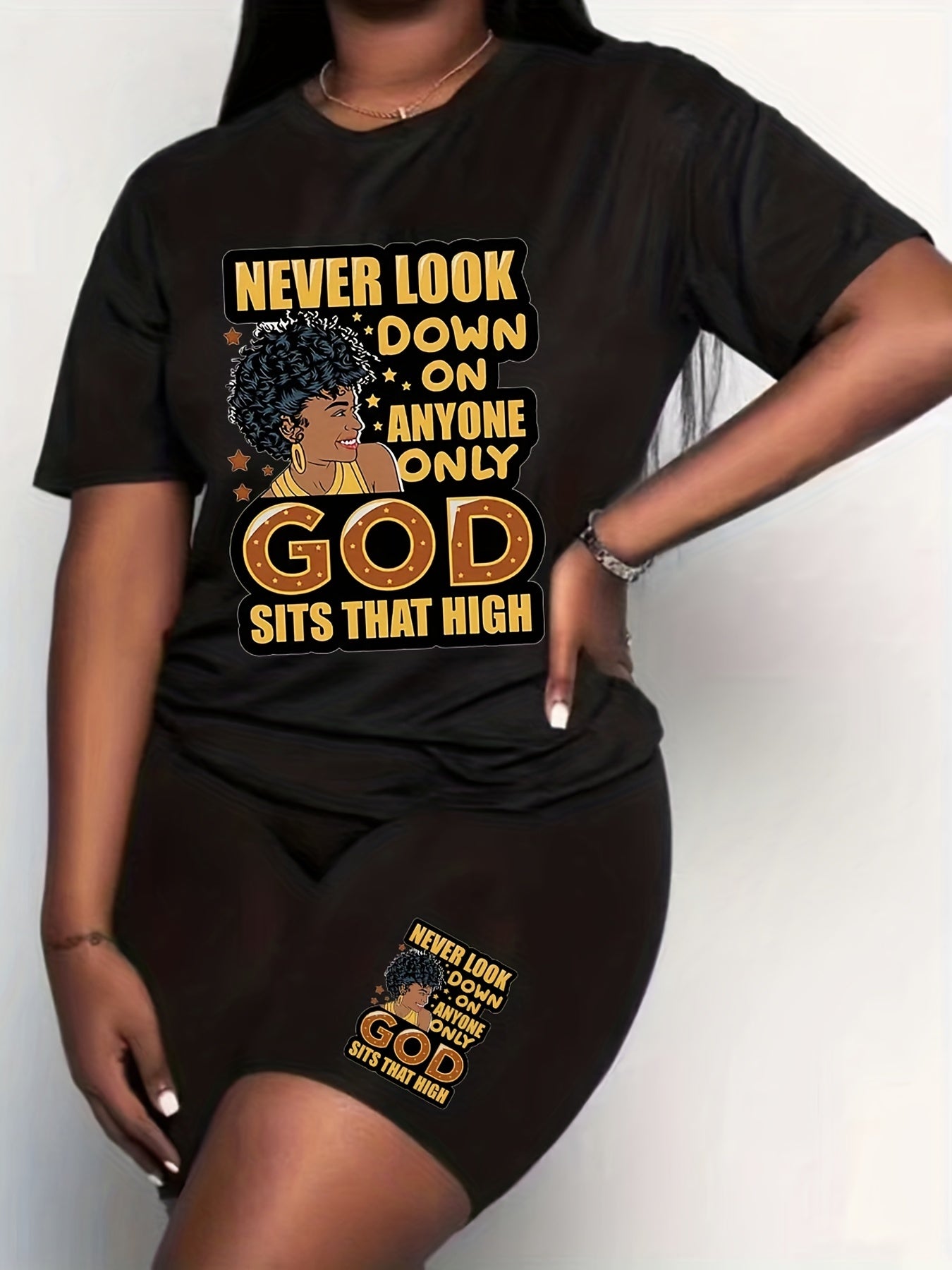  Casual 2pcs Set Women's Plus Graphic Print Tee & Biker Shorts