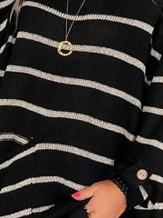  Striped Button Decor Sweater Round Neck Loose Jumper