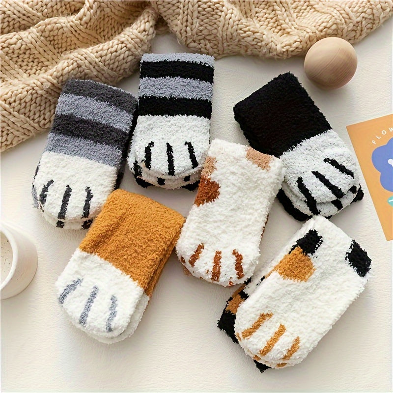 6 Pairs Cat Claw Print Socks Comfy & Fuzzy Warm Hosiery