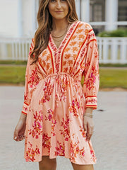 Floral Print Long Sleeve V Neck Drawstring Waist Dress