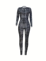 Striped Zip Up Slim Jumpsuit Long Sleeve Women's Clothing