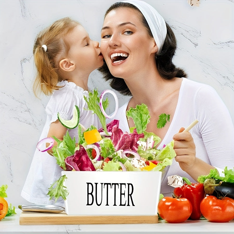 Ceramic Butter Dish with Bamboo Lid and Butter Keeper Container