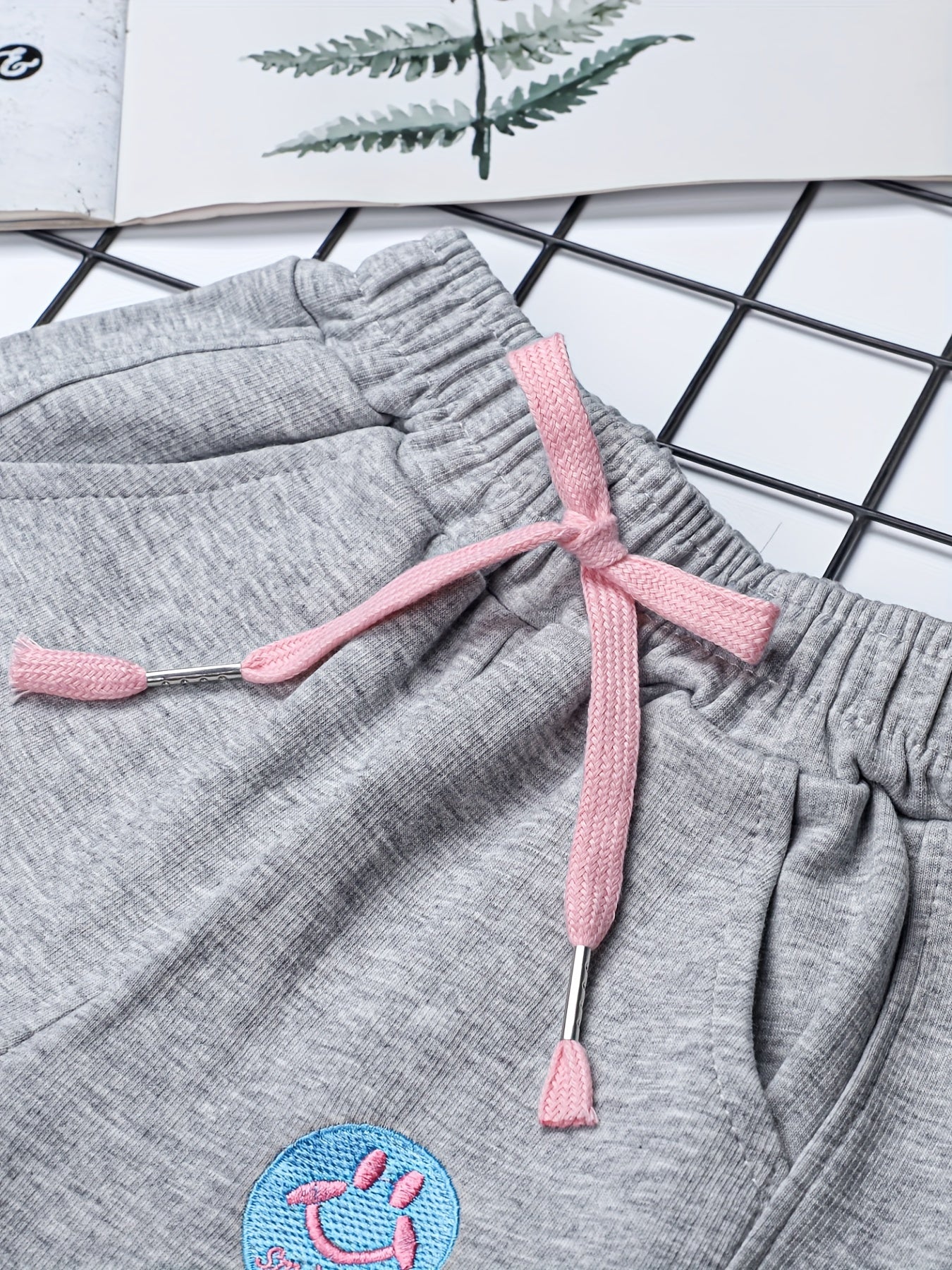 Girls Smile Embroidered Sweatpants Bow Front Baggy Fit