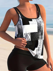  Geo Print Tankini Set Women's Cami Top & Shorts Swimsuit