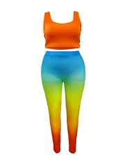  2 Piece Set Crew Neck Tank & Ombre Print Leggings