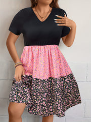  Boho Dress Women's Plus Colorblock Floral Print A Line Mini Dress