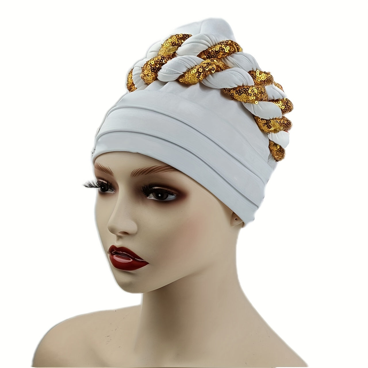 Sequin Braid Turban Cap Pleated Head Wrap Elastic Bonnet Chemo Hats