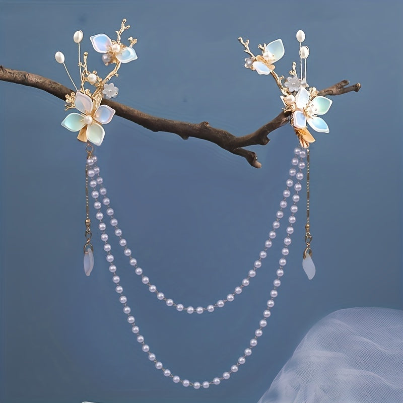 Hanfu Hair Clip Pearl Flower Leaf Hairpin Vintage Chinese Cheongsam Accessory