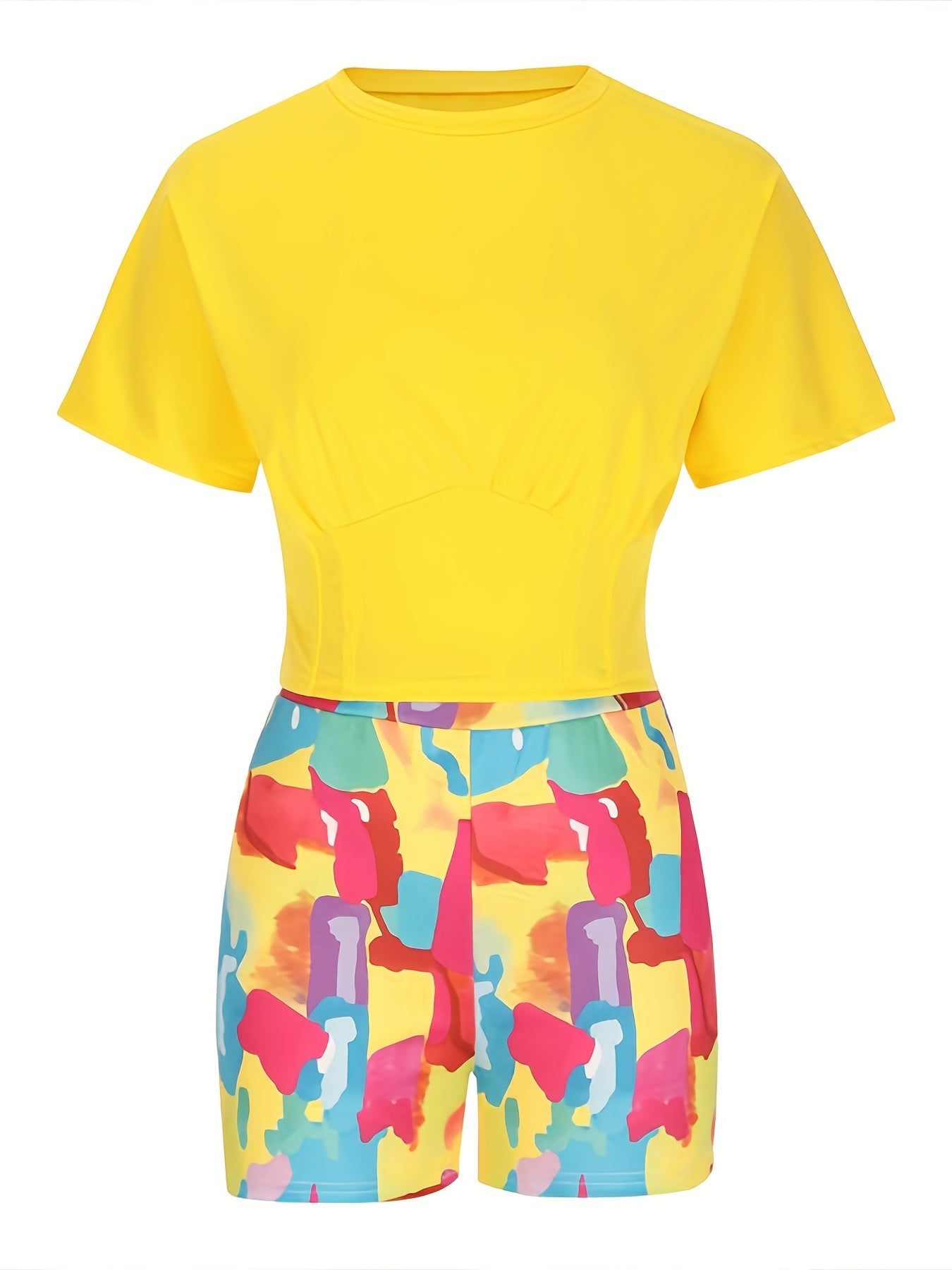  Short Sleeve Crop Top & Geometric Print Shorts Set