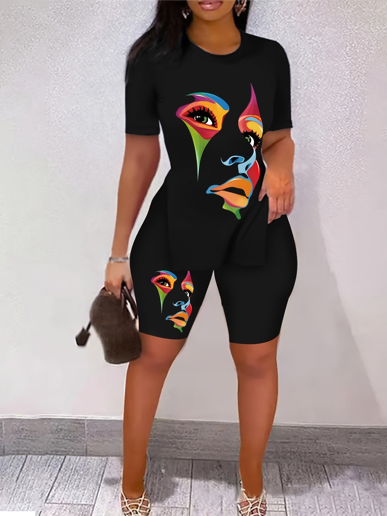Graphic Print Two piece Set Crew Neck Side Split Casual T Shirt & Shorts