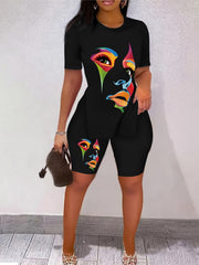 Graphic Print Two piece Set Crew Neck Side Split Casual T Shirt & Shorts