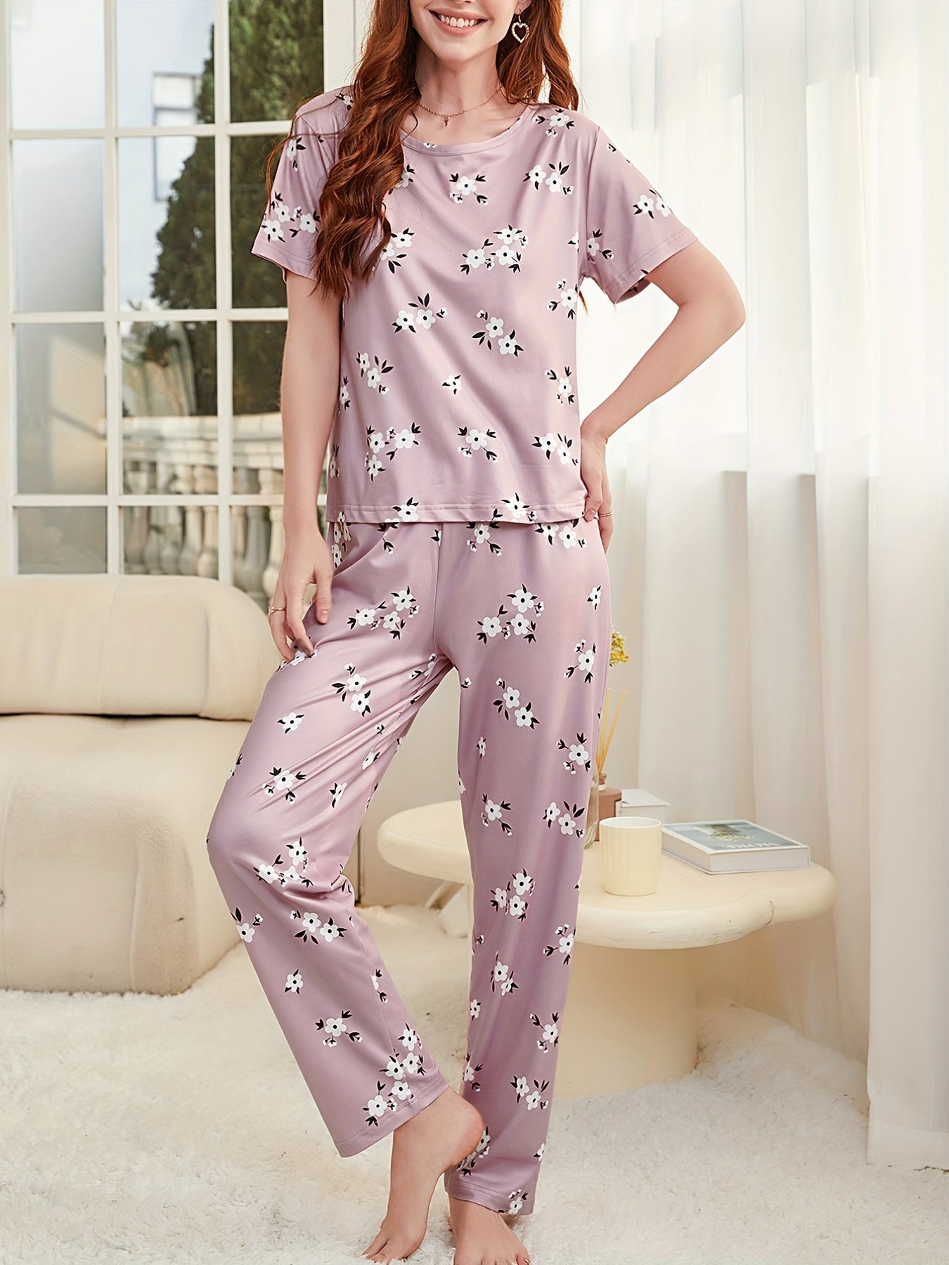 Floral Print Short Sleeve & Pants Pajama Sets