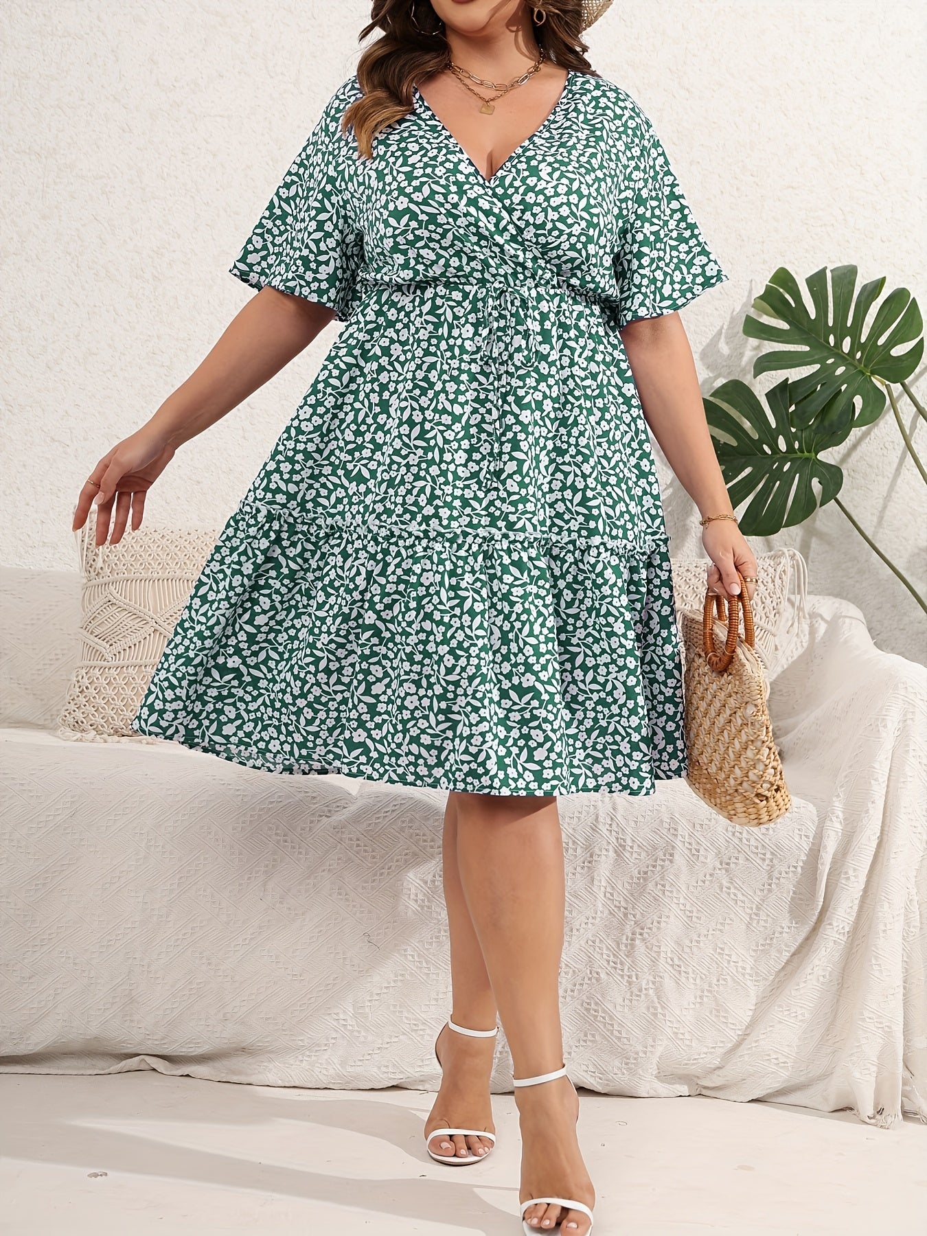  Floral Print Surplice Neck Midi Wrap Dress