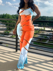  Tie Dye Round Neck Jumpsuit Medium Stretch Cami Jumpsuit
