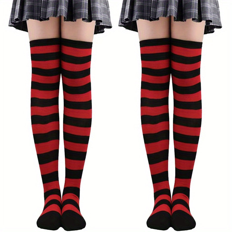 2 Pairs Striped Thigh High Socks Women's Stockings