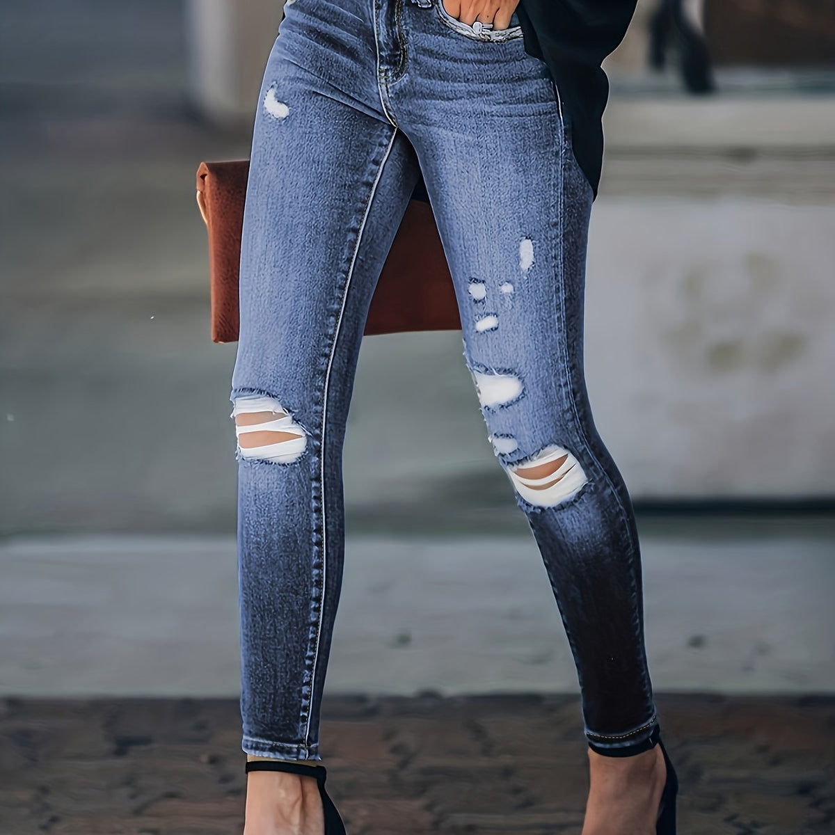 Ripped Knee Skinny Jeans Embossed Pants