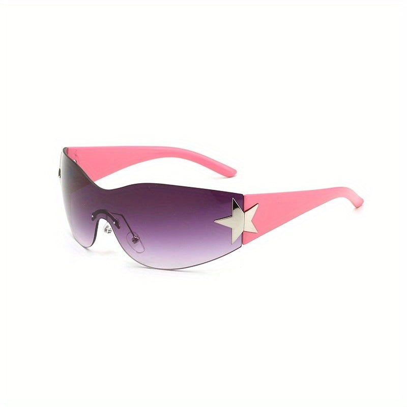 Y2K Wrap Around Sunglasses For Women Men Cyberpunk One piece Star Decor Glasses