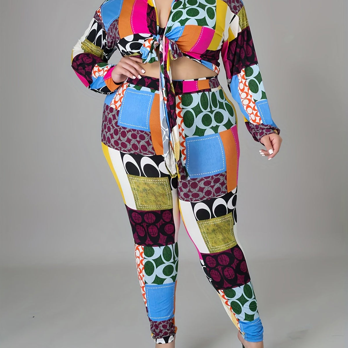  Colorblock Print Knot Crop Top & Pants Set