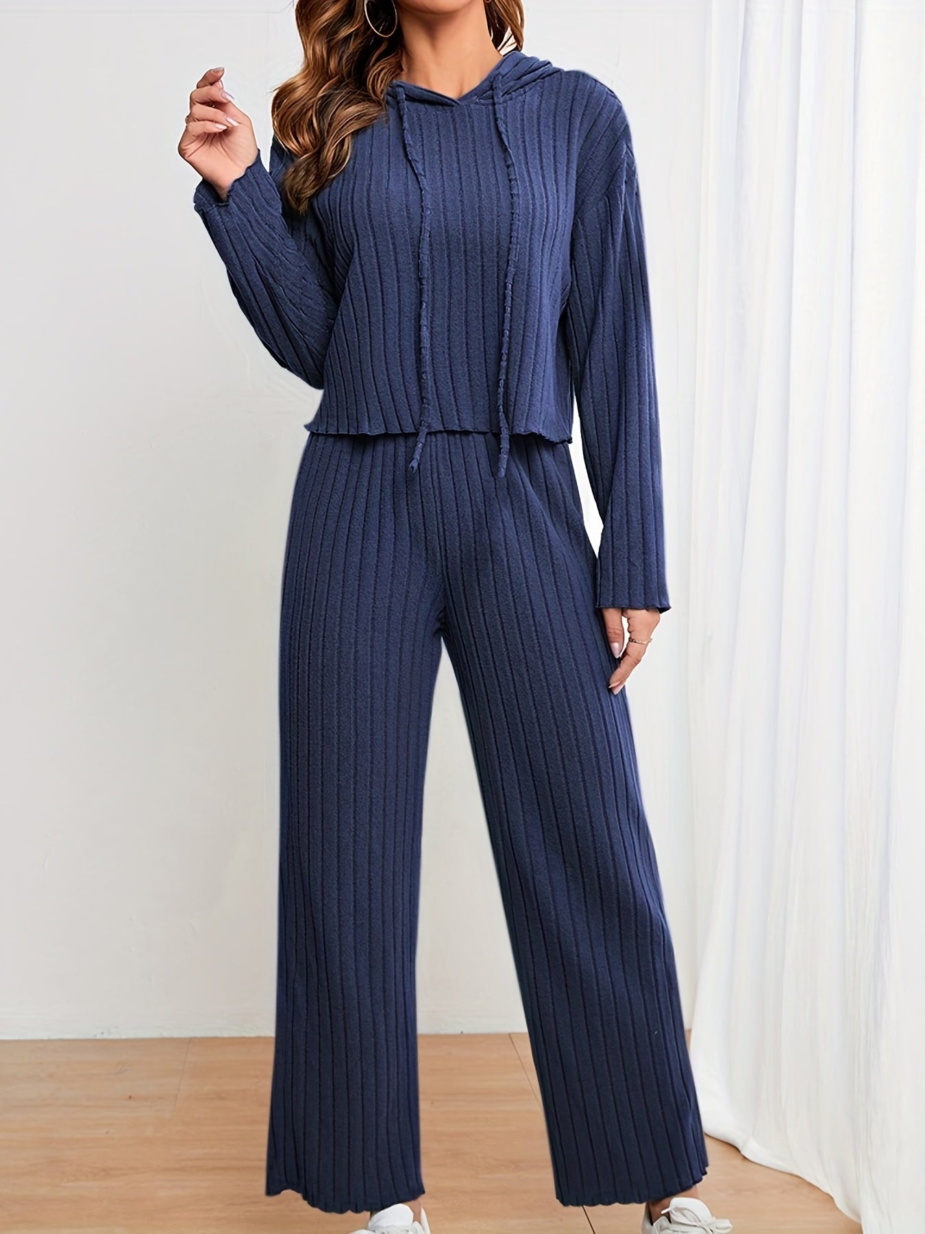 Solid Knit 2pc Set Hoodie & Wide Leg Pants