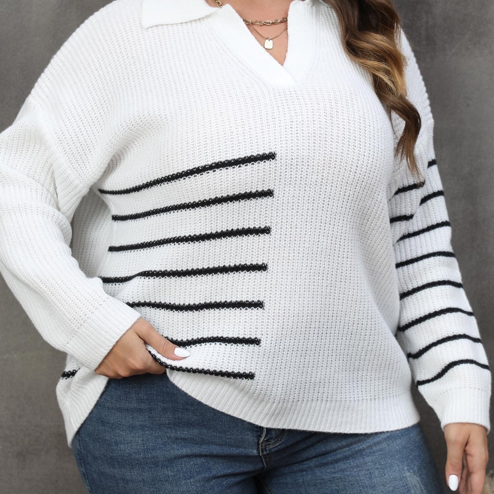  Striped Long Sleeve Polo Neck Casual Sweater