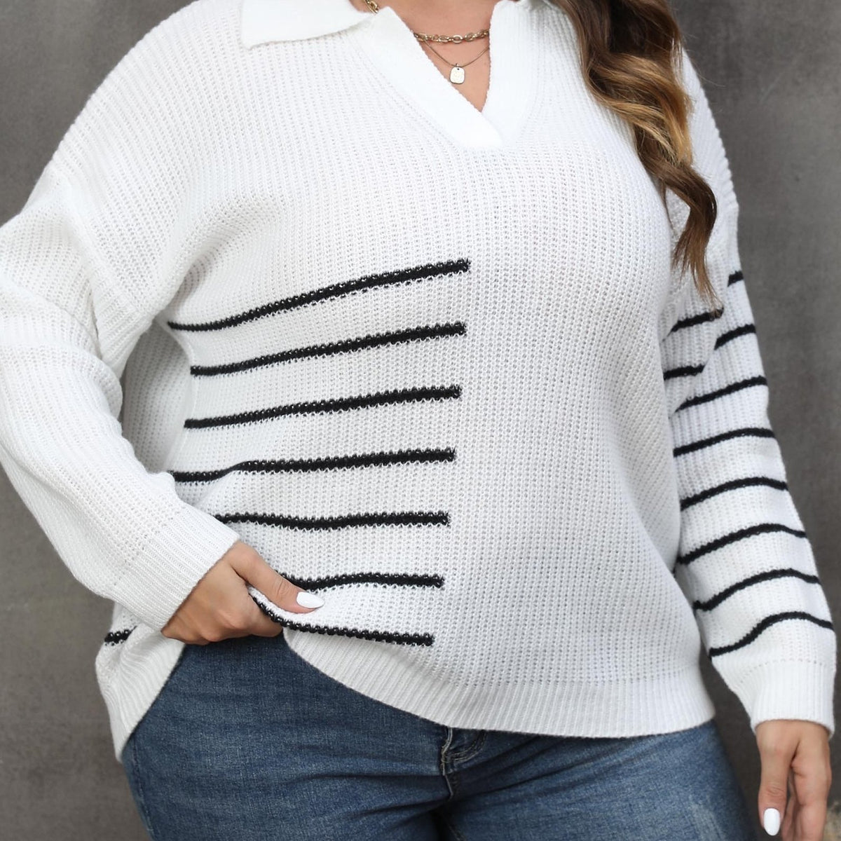  Striped Long Sleeve Polo Neck Casual Sweater