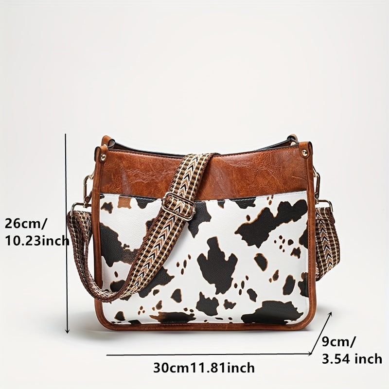 Cow Pattern Shoulder Bag Faux Leather Crossbody Bag with Vintage Strap