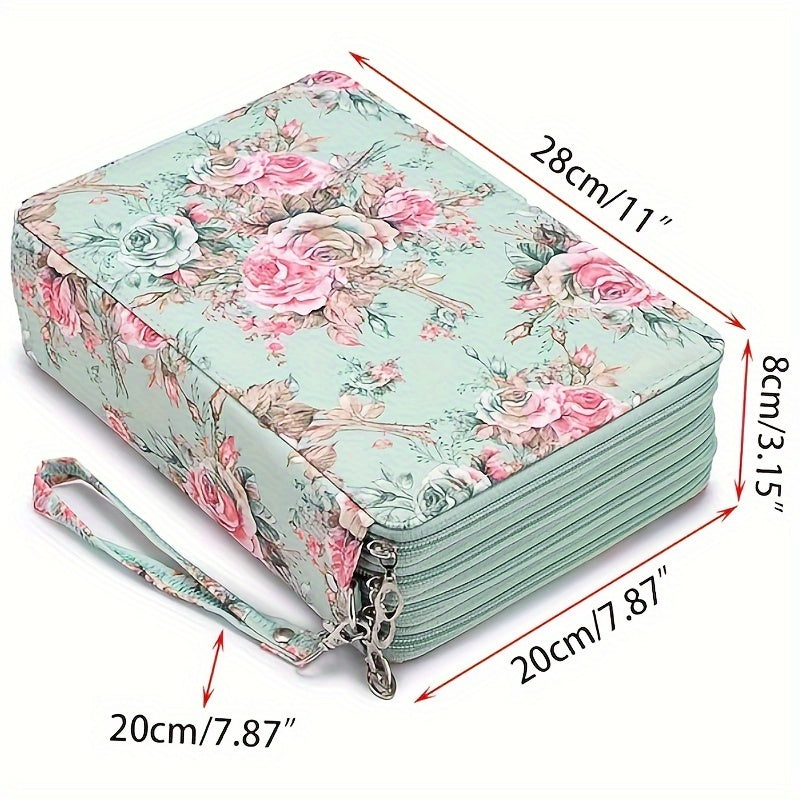200 Holes Pencil Case Colored Pencil Holder Pen Storage Bag Zipper Rose Green