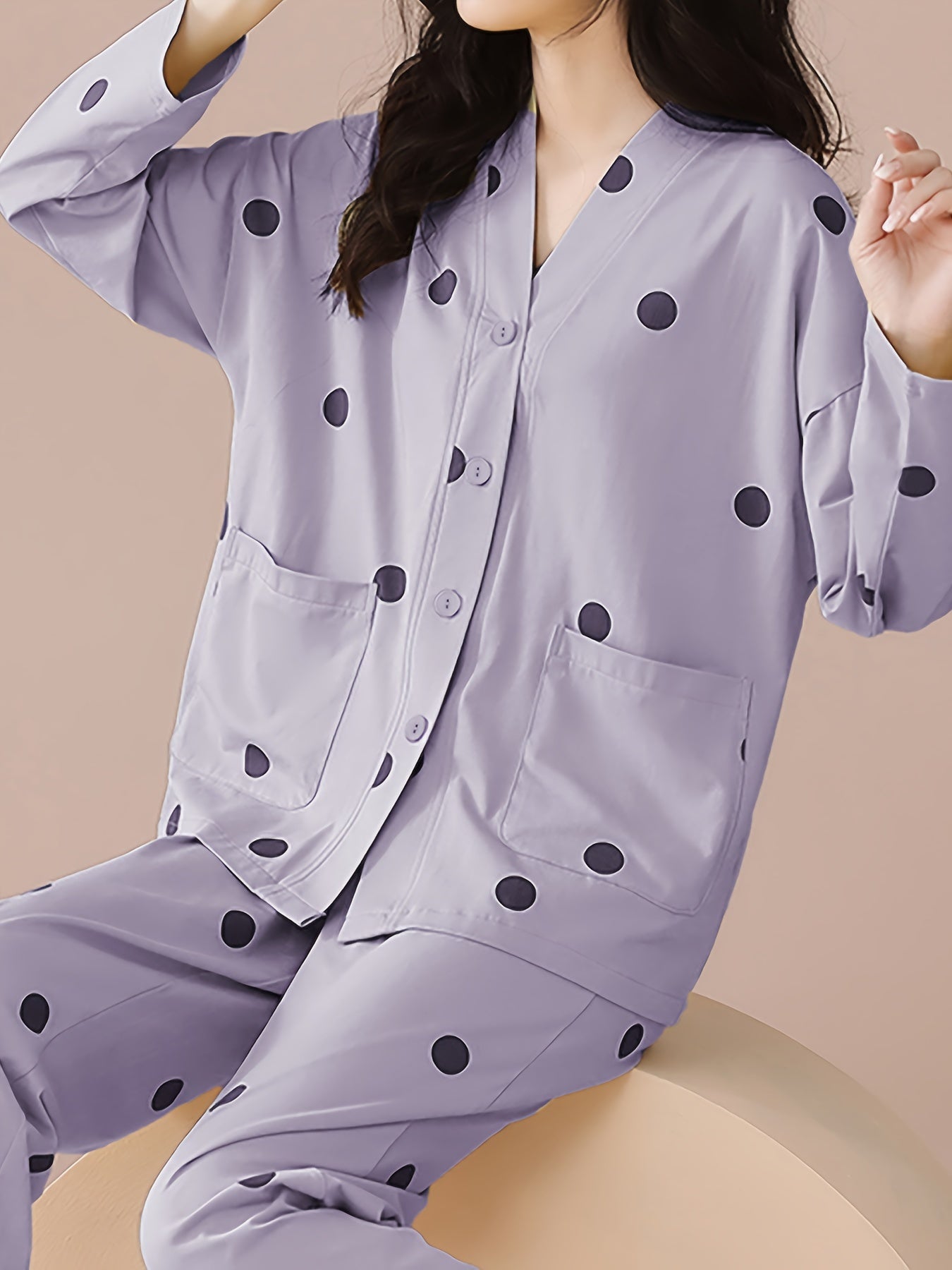 Polka Dot Pajama Set Long Sleeve Top & Pants Women's Sleepwear